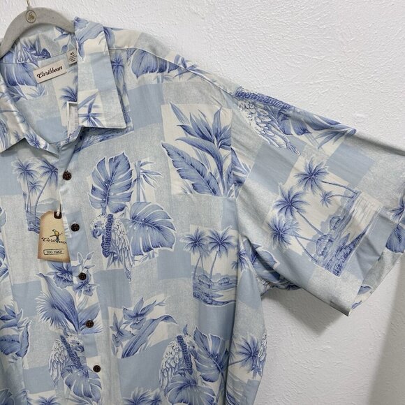 Caribbean Shirt Mens Sz 4XB Blue White Palm Leaves Silk Blend Hawaiian Button-Up - Picture 4 of 10